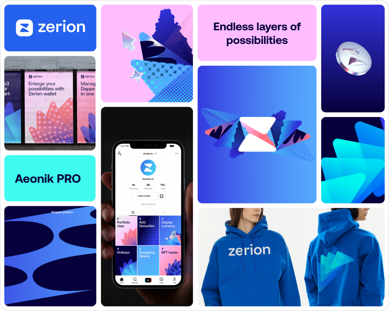 Zerion brand system applied across product, marketing, social and swag