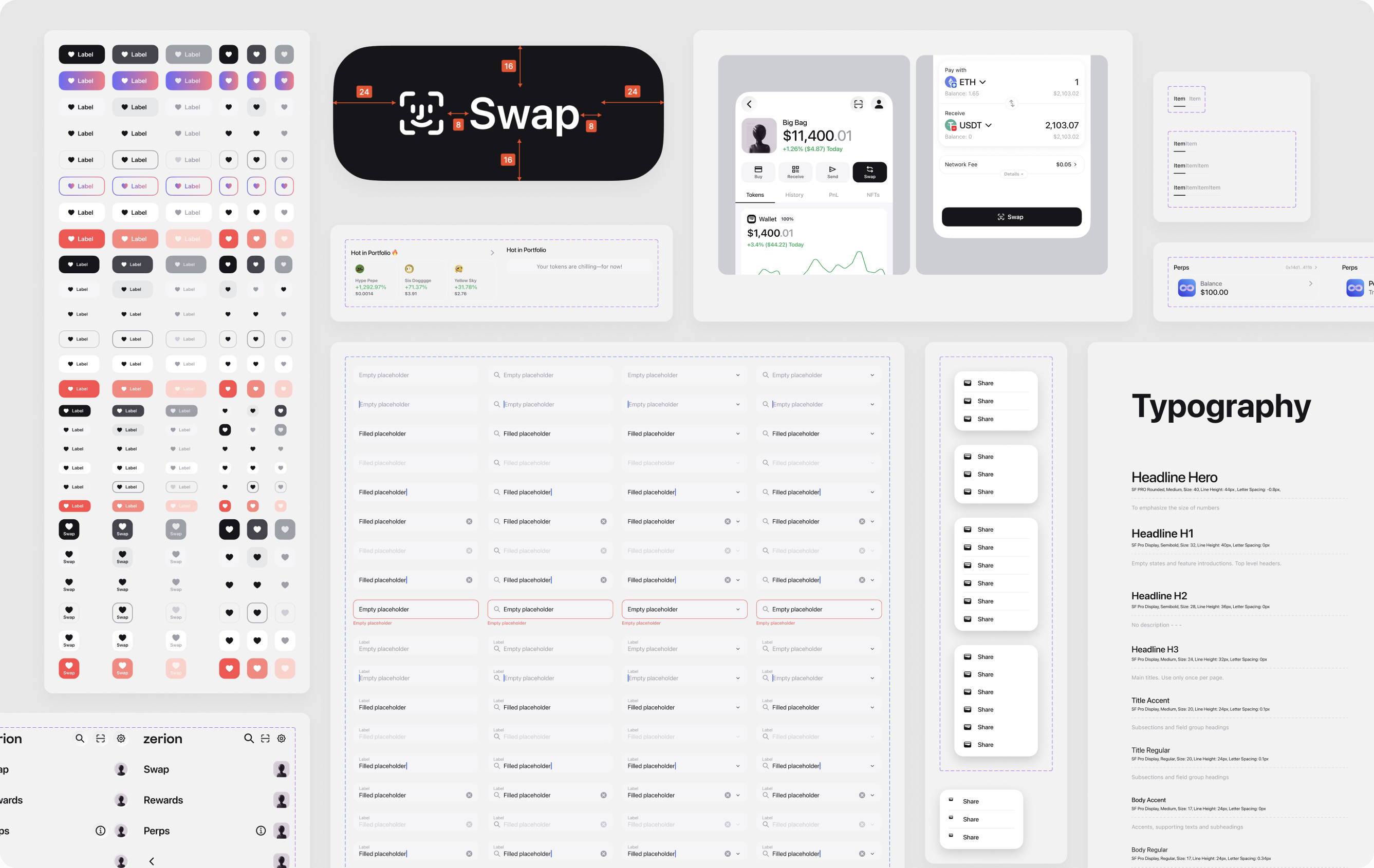 Zerion design system — components, screens, and typography