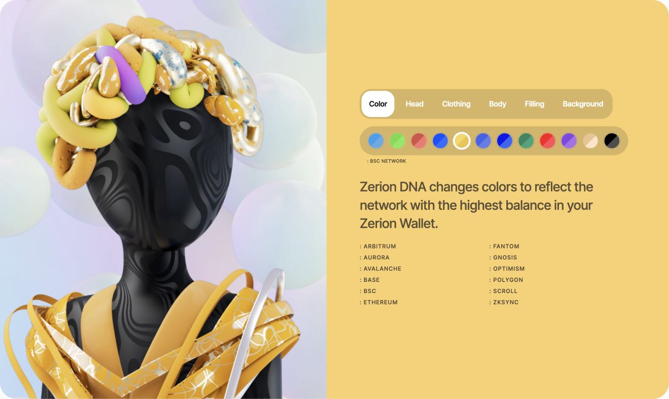 Zerion DNA — avatar colors reflect your wallet's dominant network