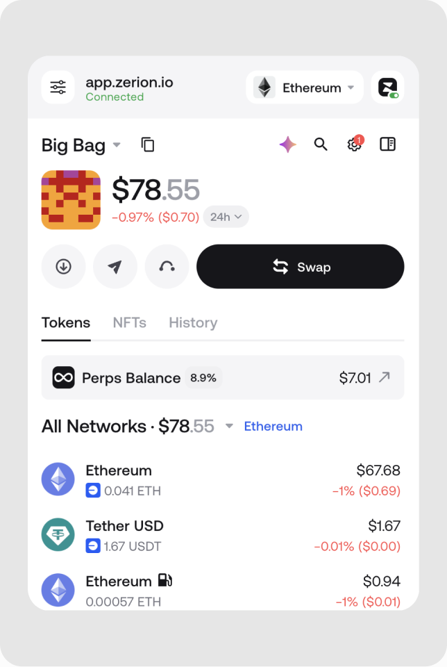 Zerion browser extension — tokens and balances