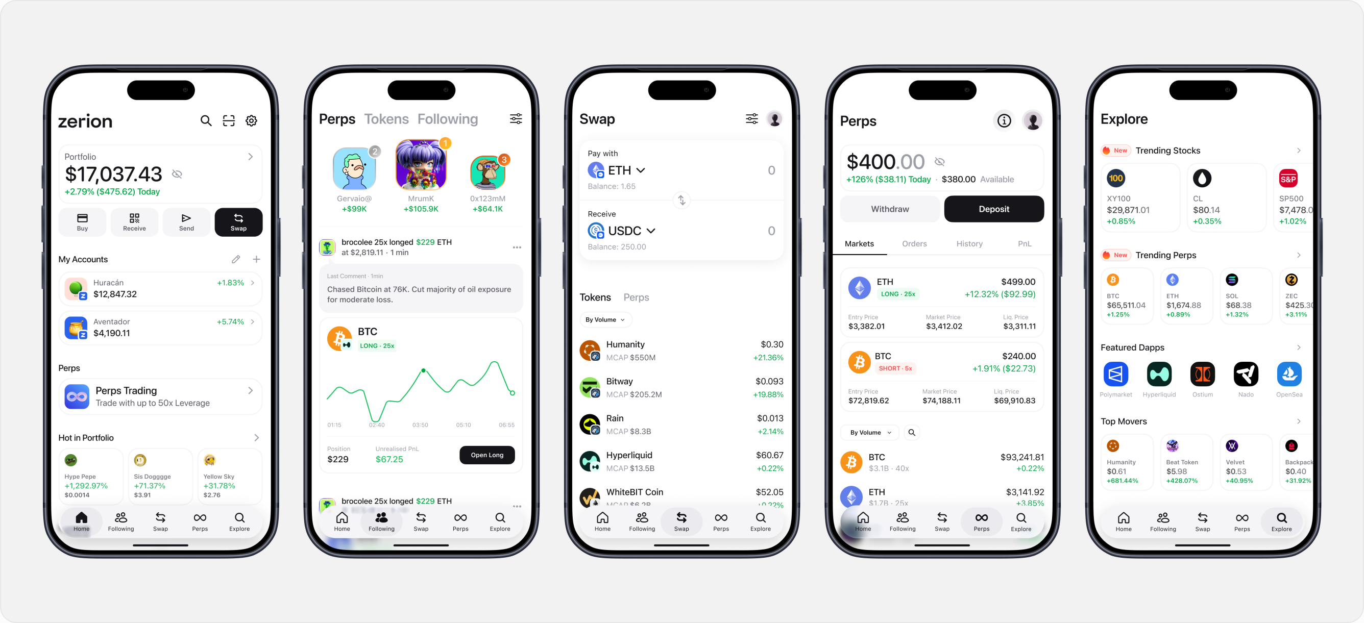 Zerion mobile — key screens: Home, Perps, Swap, Perps trading, Explore