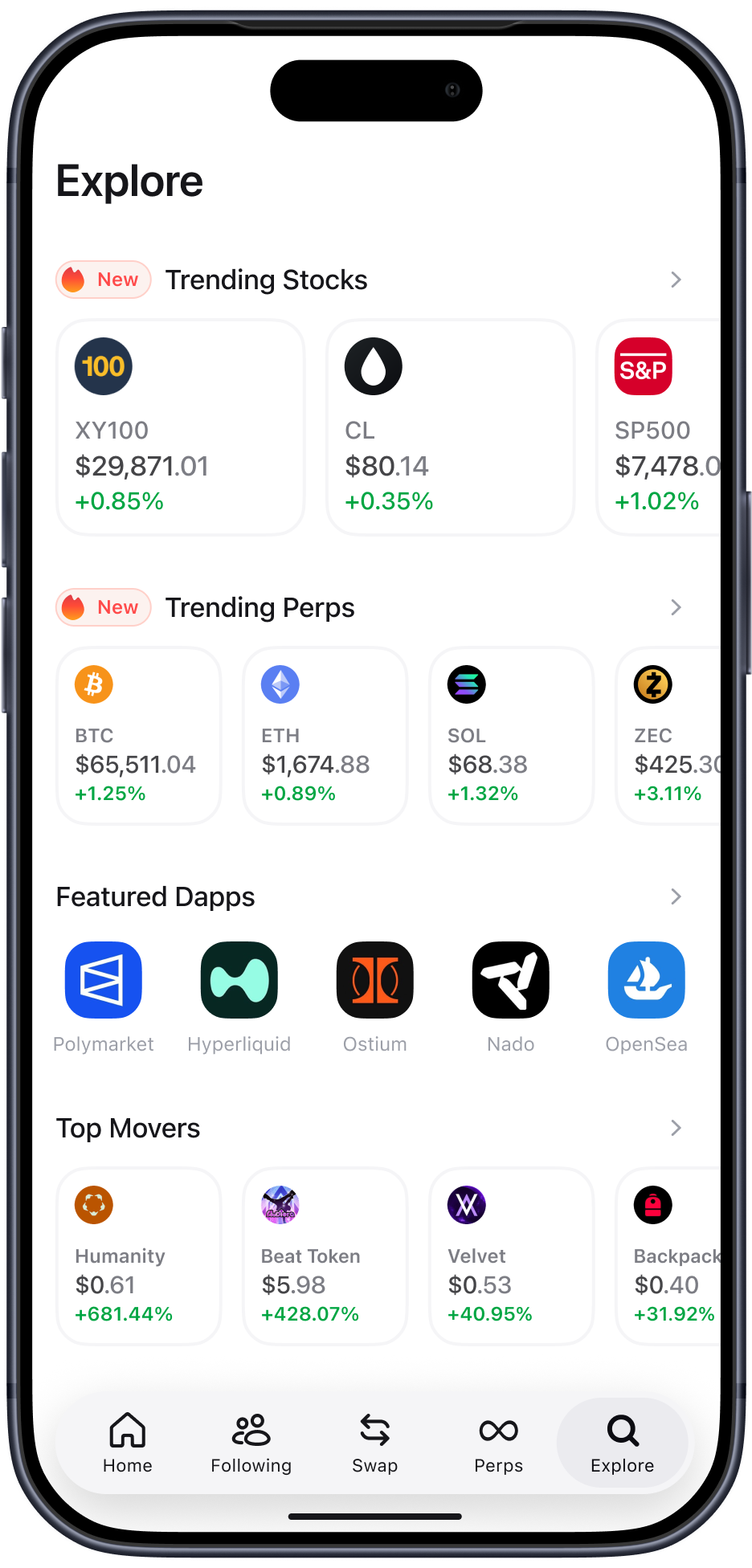 Zerion mobile — Explore: trending tokens, stocks, perps and dapps