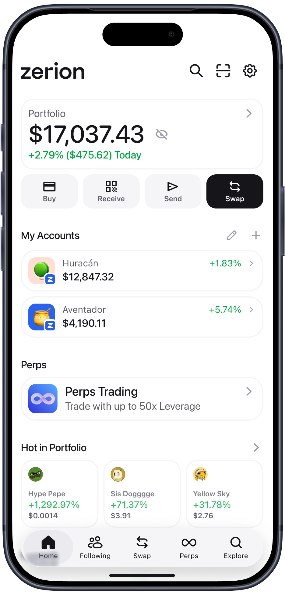 Zerion mobile — Home: portfolio overview