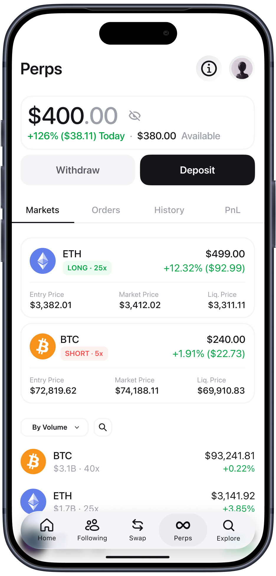Zerion mobile — Perps: account, positions and markets