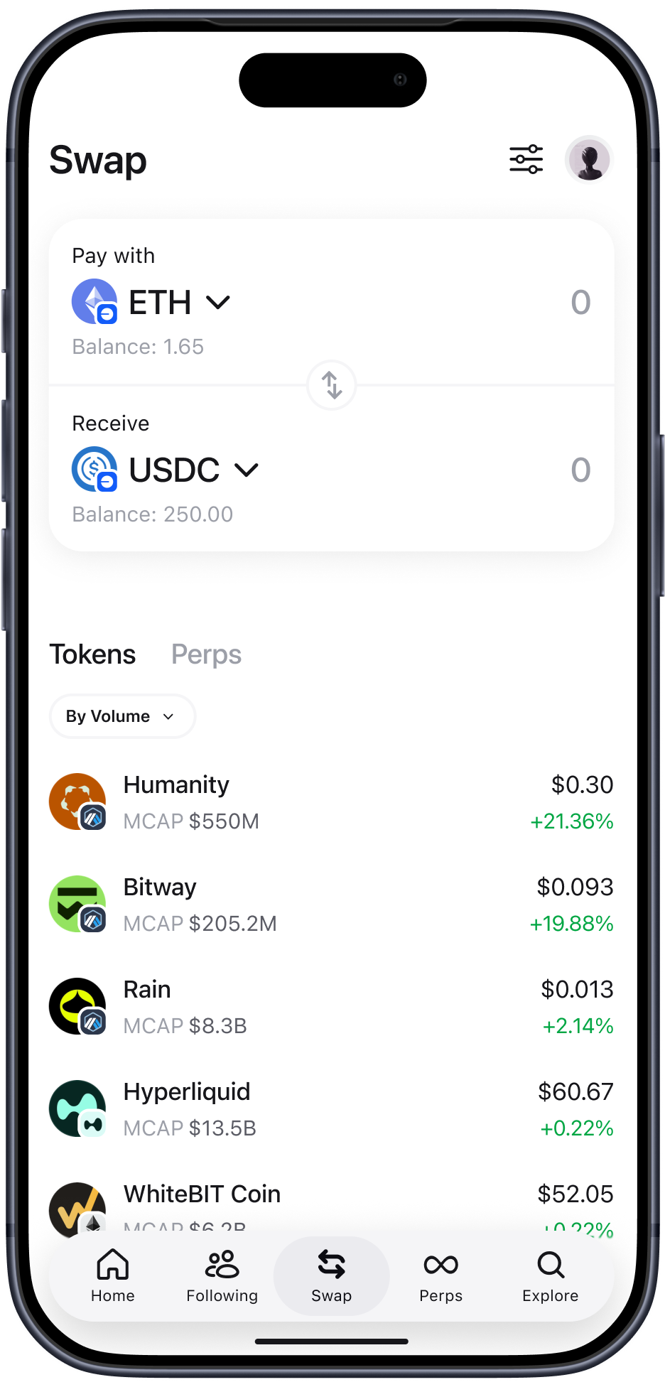 Zerion mobile — Swap: token swaps and market discovery