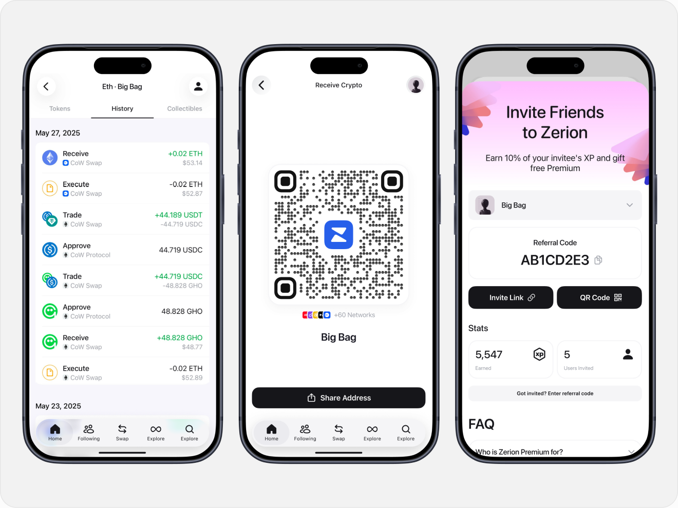 Zerion wallet — token history, receive/share, invite friends