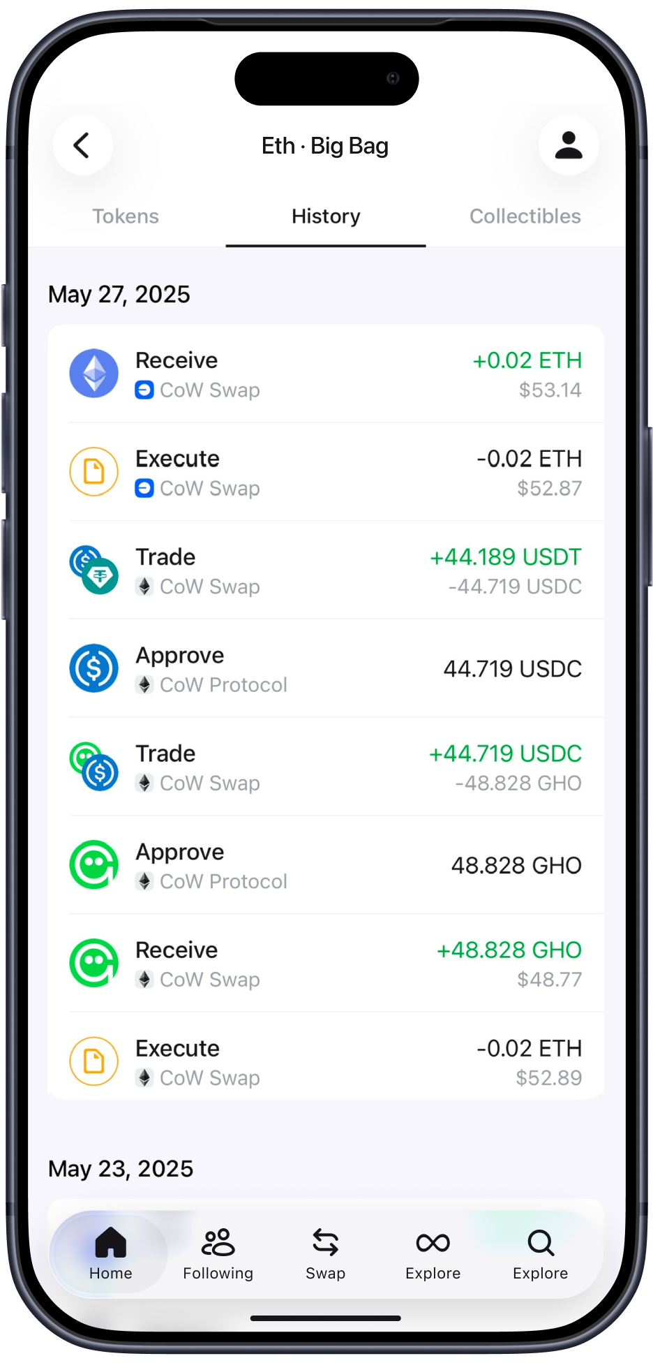 Zerion — token transaction history