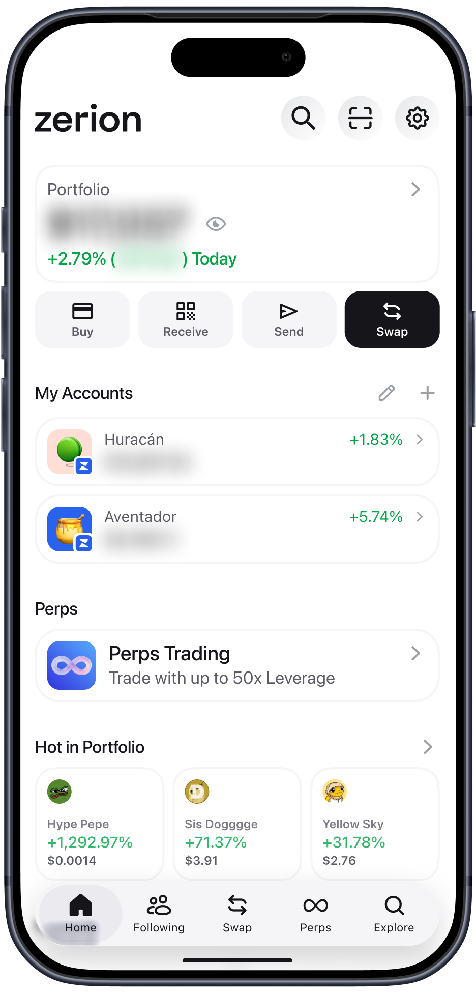 Zerion — portfolio with balances hidden