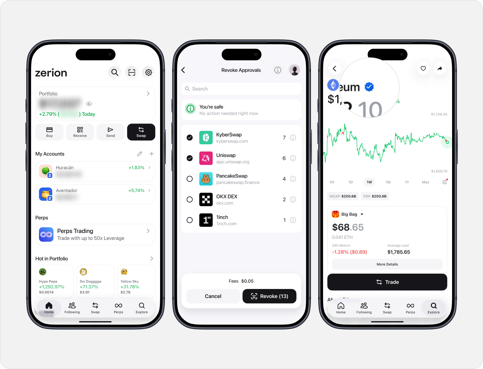 Zerion — safety warnings, Revoke Approvals and verified token indicator