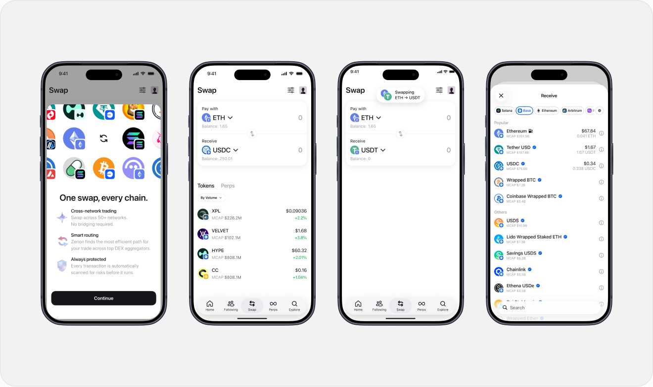 Zerion Swap — asset and network selection, routing and receive