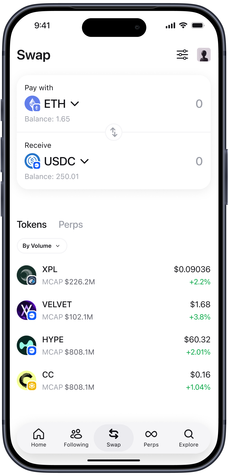 Zerion Swap — swap form and token list