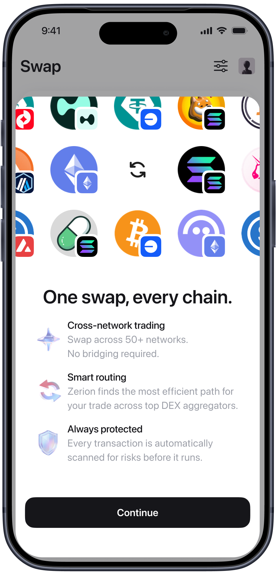 Zerion Swap — One swap, every chain onboarding