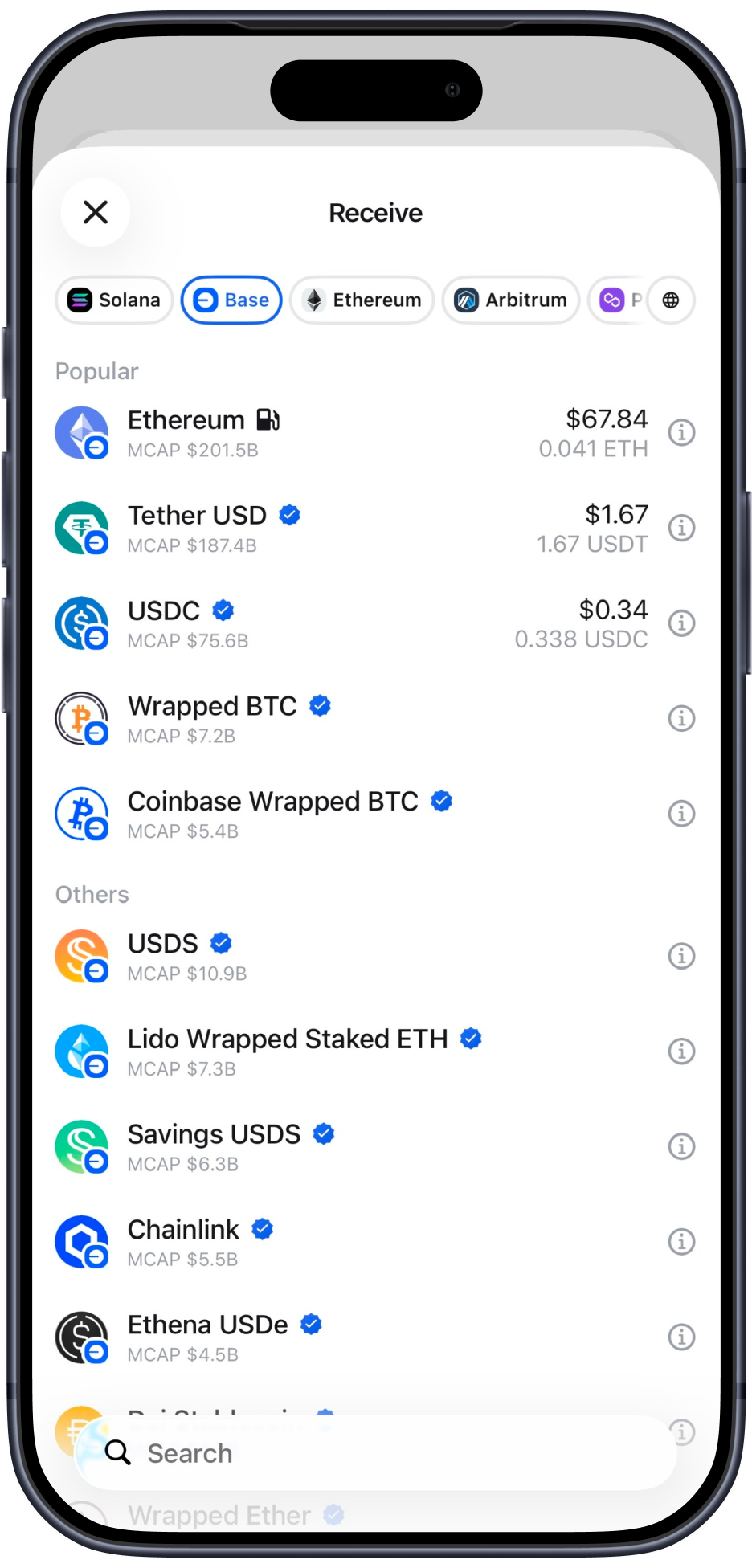 Zerion Swap — receive network and token selector
