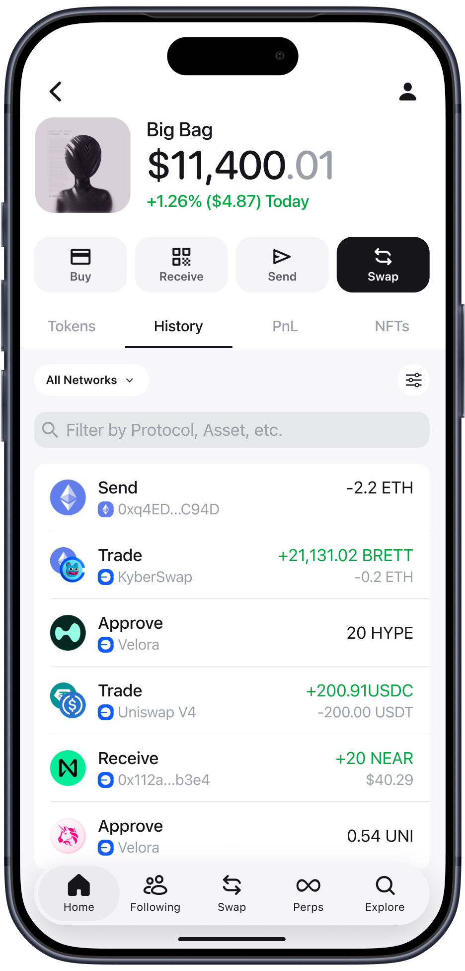 Zerion wallet view — transaction history
