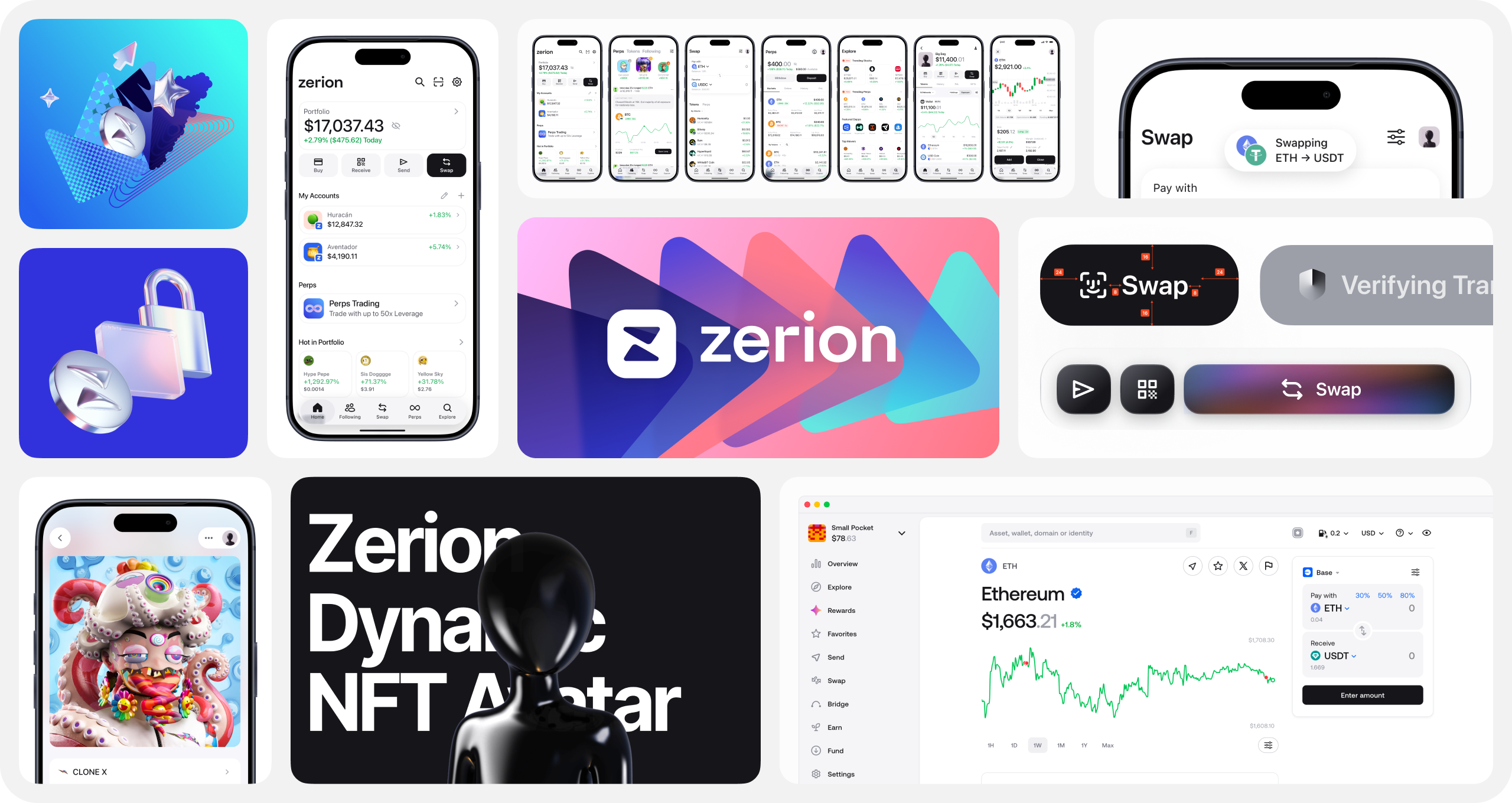 Zerion — key product screens and brand elements